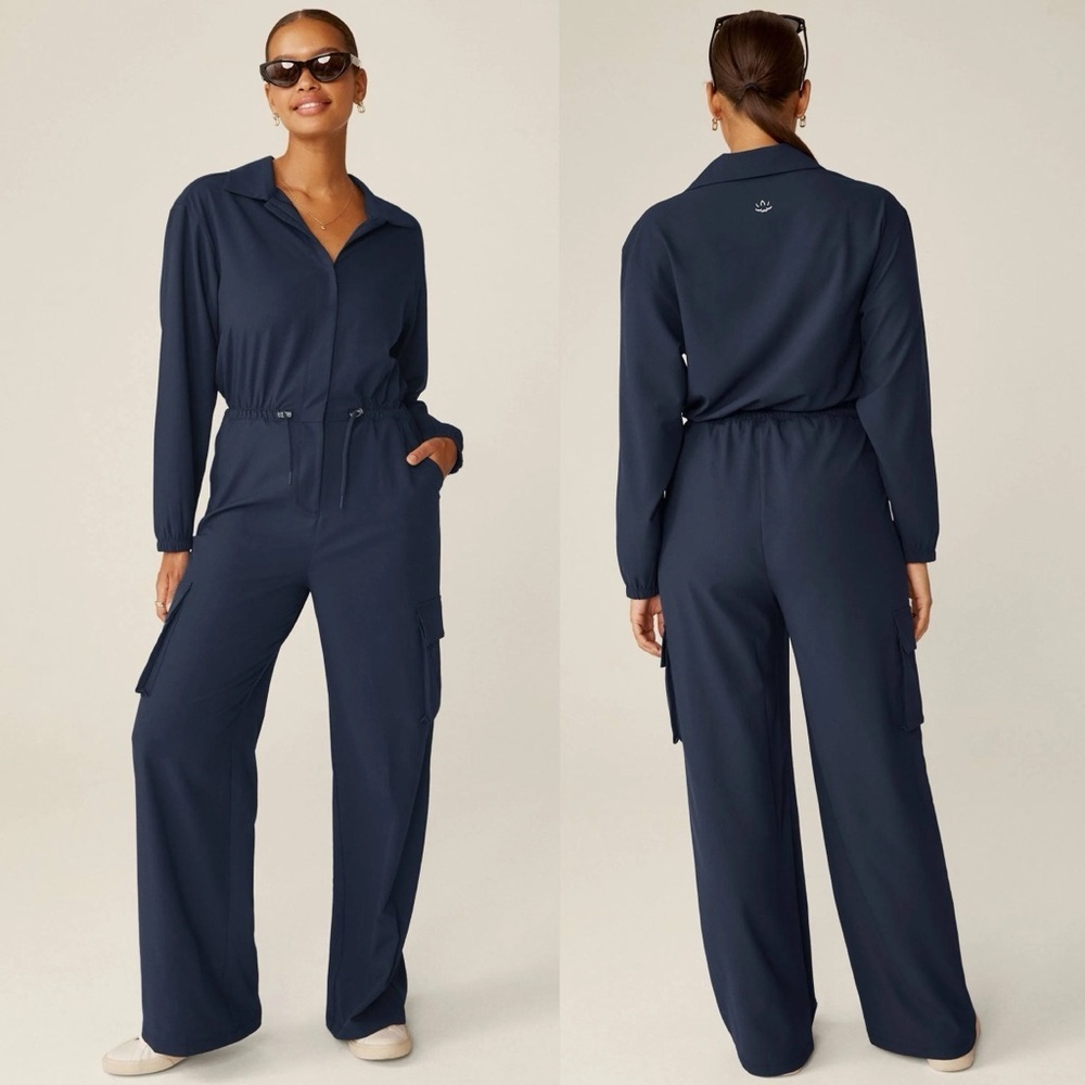 Beyond Yoga City Chic Jumpsuit Navy Blue Coveralls Drawstring Waist Leisure